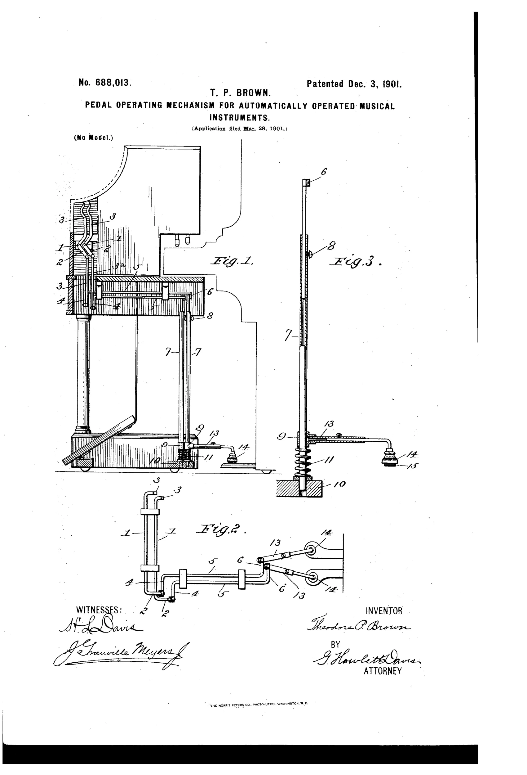 Patent drawing showing a piano's interior with rock-shafts, hand levers, telescoping vertical bars, springs, and pedal-depressing arms mechanically linked to depress the piano pedals.