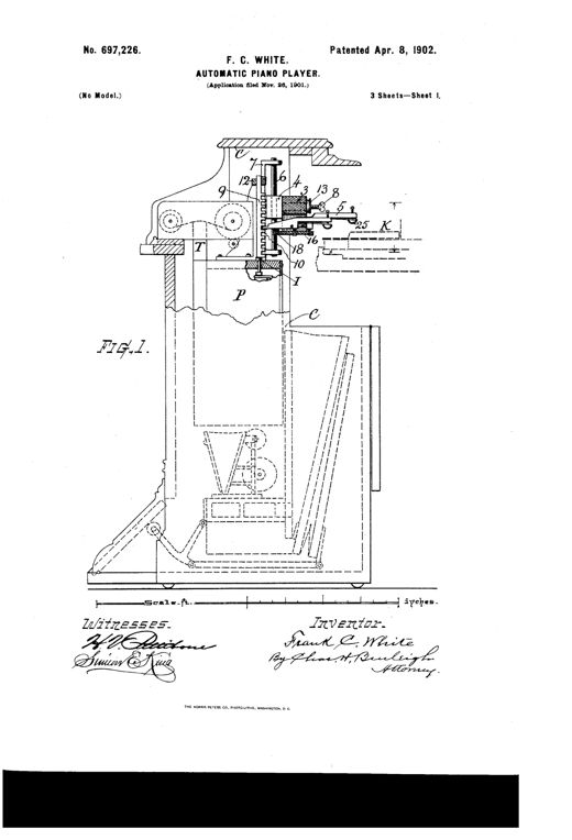 Cutaway side-view engineering drawing of an upright piano-player cabinet showing the adjustable finger mechanism, guide rods, standards, tracker bar, bellows chest, and pedal-driven pump linkage inside the case.