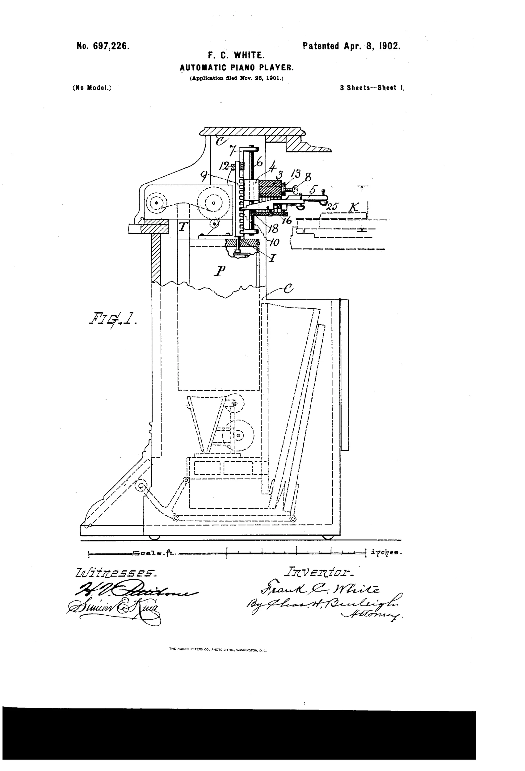 Cutaway side-view engineering drawing of an upright piano-player cabinet showing the adjustable finger mechanism, guide rods, standards, tracker bar, bellows chest, and pedal-driven pump linkage inside the case.