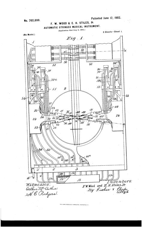 Cross-sectional mechanical drawing of an automatic banjo-playing device showing a circular banjo head surrounded by valve casings, tubing, pickers, and fret-actuating fingers connected to pneumatic bellows.