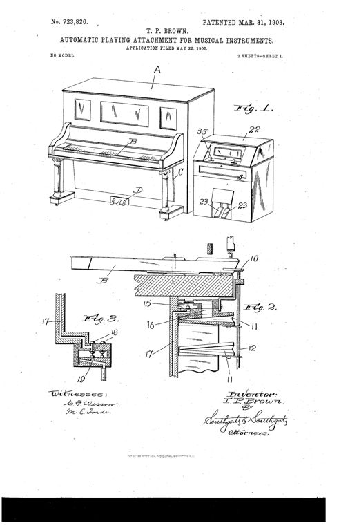 Patent drawing of an upright piano with a separate adjacent cabinet housing the pneumatic tracker-board and paper roll mechanism, with detailed cross-section views of the internal pneumatic bellows and key-lever linkages.