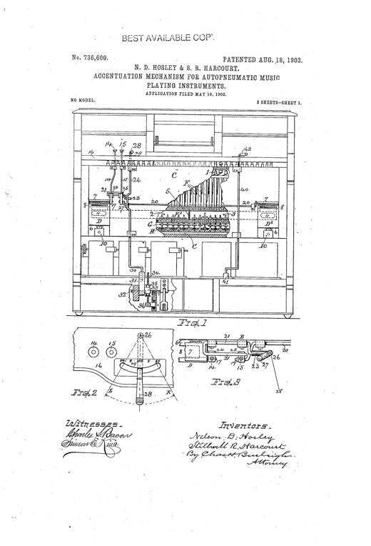 Patent drawing of a player-piano cabinet's internal pneumatic mechanism, showing tracker board, choker valve boxes, operating pneumatics, and pedal-actuating rods, with detail insets of the choker valve and control lever assembly.