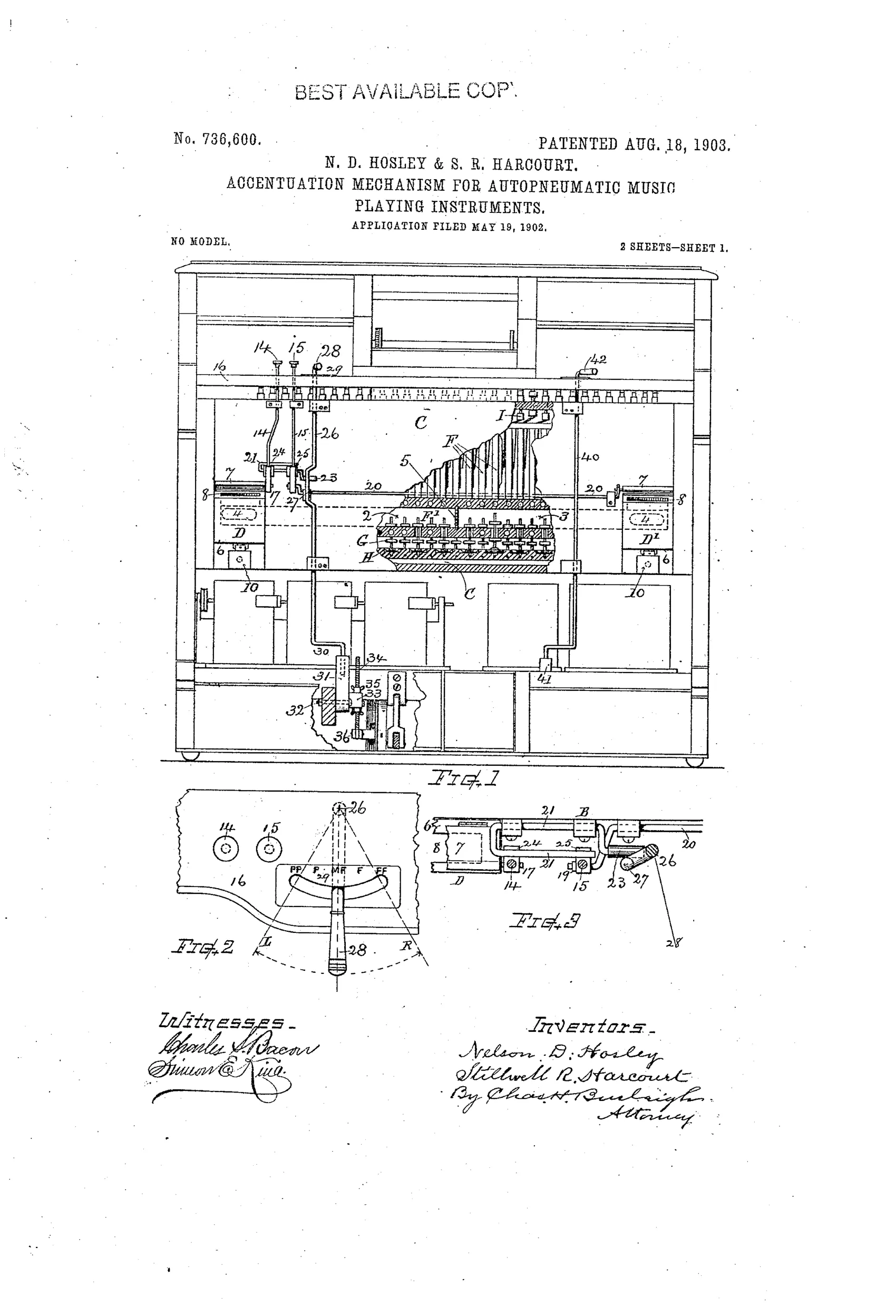 Patent drawing of a player-piano cabinet's internal pneumatic mechanism, showing tracker board, choker valve boxes, operating pneumatics, and pedal-actuating rods, with detail insets of the choker valve and control lever assembly.