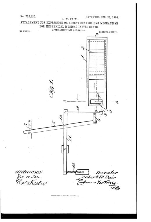 Patent drawing of a player-piano expression-control attachment showing a gated box with multiple air passages, a pivoting operating handle with a dynamics scale from pianissimo to fortissimo, and linked rods and springs connecting to a supplemental valve.