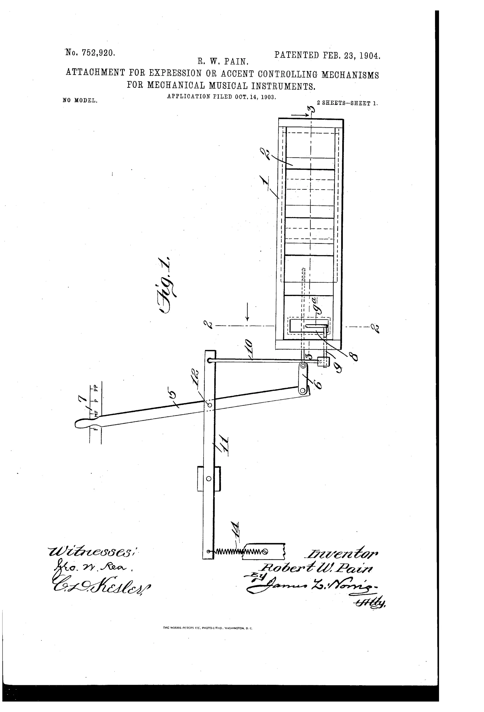 Patent drawing of a player-piano expression-control attachment showing a gated box with multiple air passages, a pivoting operating handle with a dynamics scale from pianissimo to fortissimo, and linked rods and springs connecting to a supplemental valve.