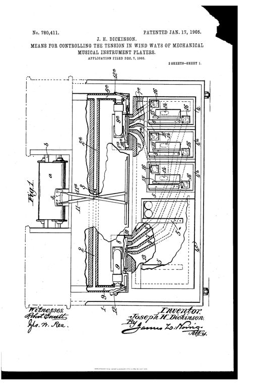Patent drawing of a player-piano mechanism showing a paper music roll, tracker board, divided wind-chest with valve casings, and two pivoted hand levers positioned near an indicating scale for controlling bass and treble tension independently.
