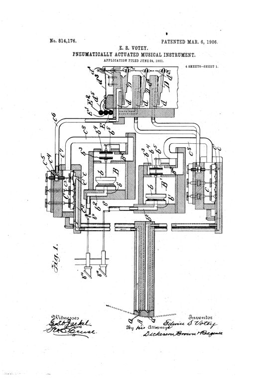 Patent drawing showing a player-organ mechanism with a tracker-board, rows of pneumatic bellows, exhaust chests, wind ducts, and electromagnetic switch contacts connecting to organ pipes.
