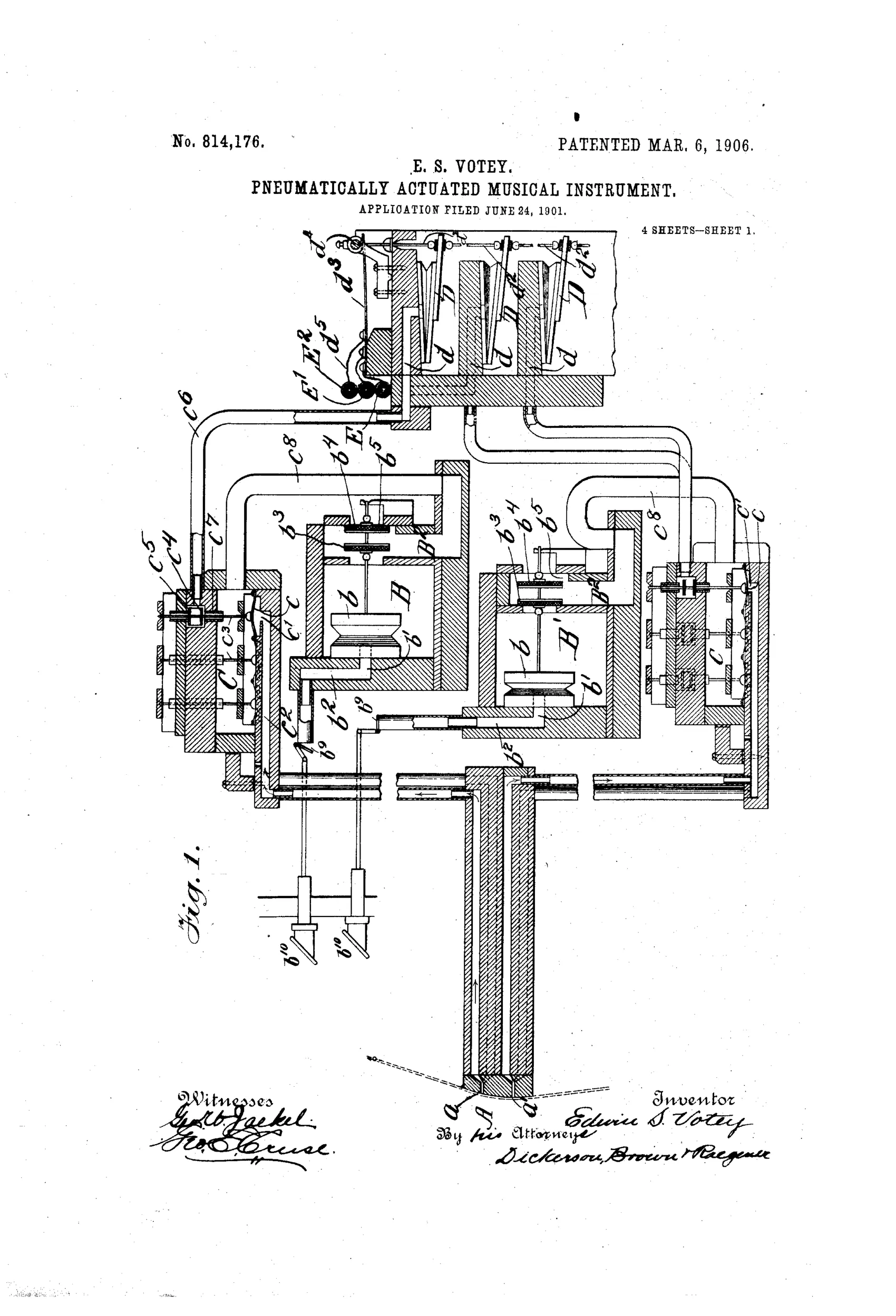 Patent drawing showing a player-organ mechanism with a tracker-board, rows of pneumatic bellows, exhaust chests, wind ducts, and electromagnetic switch contacts connecting to organ pipes.