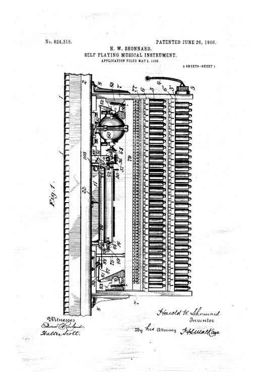 Front elevation of a piano's interior mechanism showing rows of cylindrical electromagnets, transmission rods, and a perforated paper roll assembly mounted beneath an open keyboard, with a small electric motor and driving wheel at upper right.