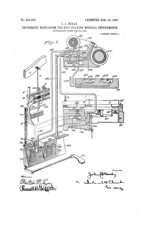 Exploded mechanical drawing of a player-piano expression mechanism showing a paper music roll feeding over a tracker-board connected via tubing to a bank of pneumatic bellows, valves, and levers that operate the piano's hammer-rail and damper system, with a foot-pedal lever at the bottom.