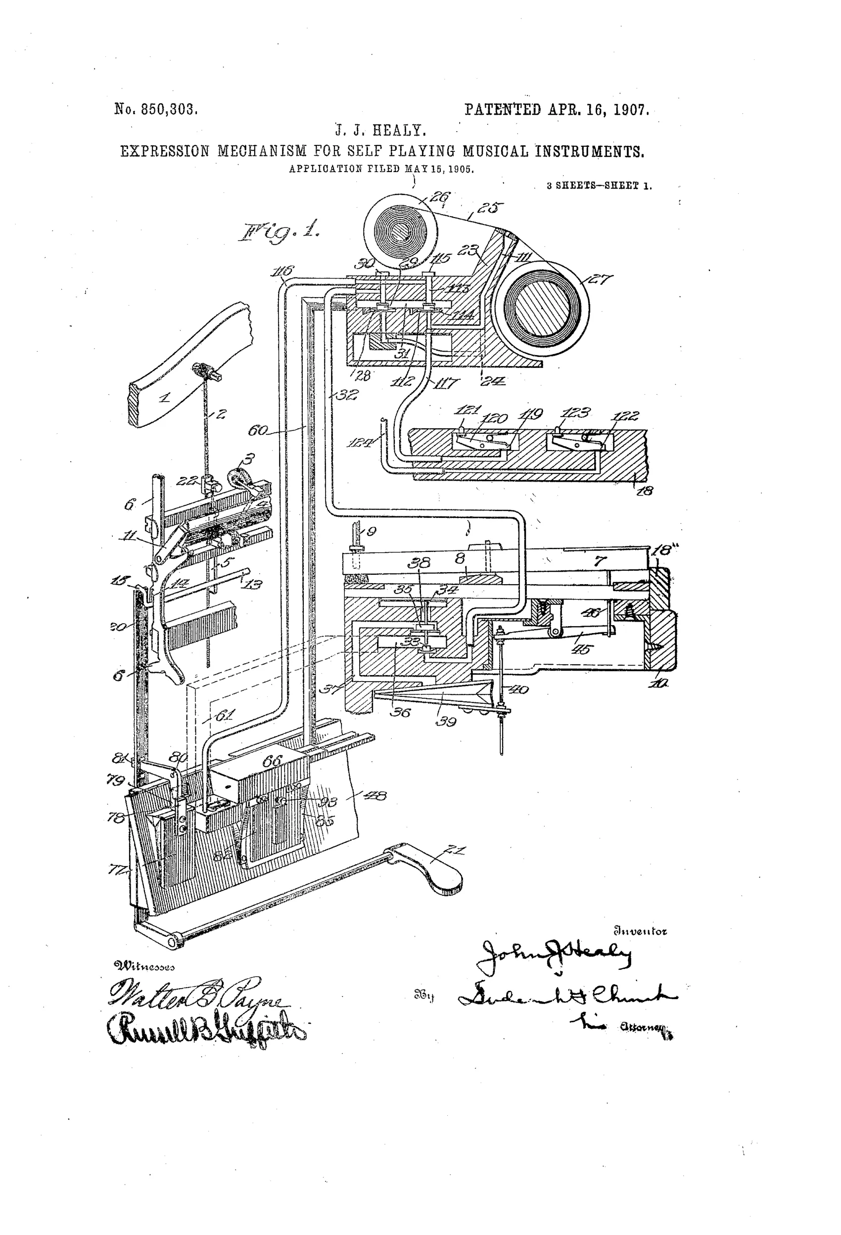 Exploded mechanical drawing of a player-piano expression mechanism showing a paper music roll feeding over a tracker-board connected via tubing to a bank of pneumatic bellows, valves, and levers that operate the piano's hammer-rail and damper system, with a foot-pedal lever at the bottom.