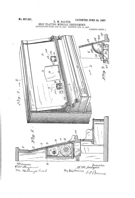 An exploded perspective drawing of the upper interior of a player piano, showing the sliding door and roll receptacle above the keyboard, rows of numbered pneumatic bellows and wippen-engaging arms, and a side detail of the governor and valve assembly for the paper-roll drive motor.