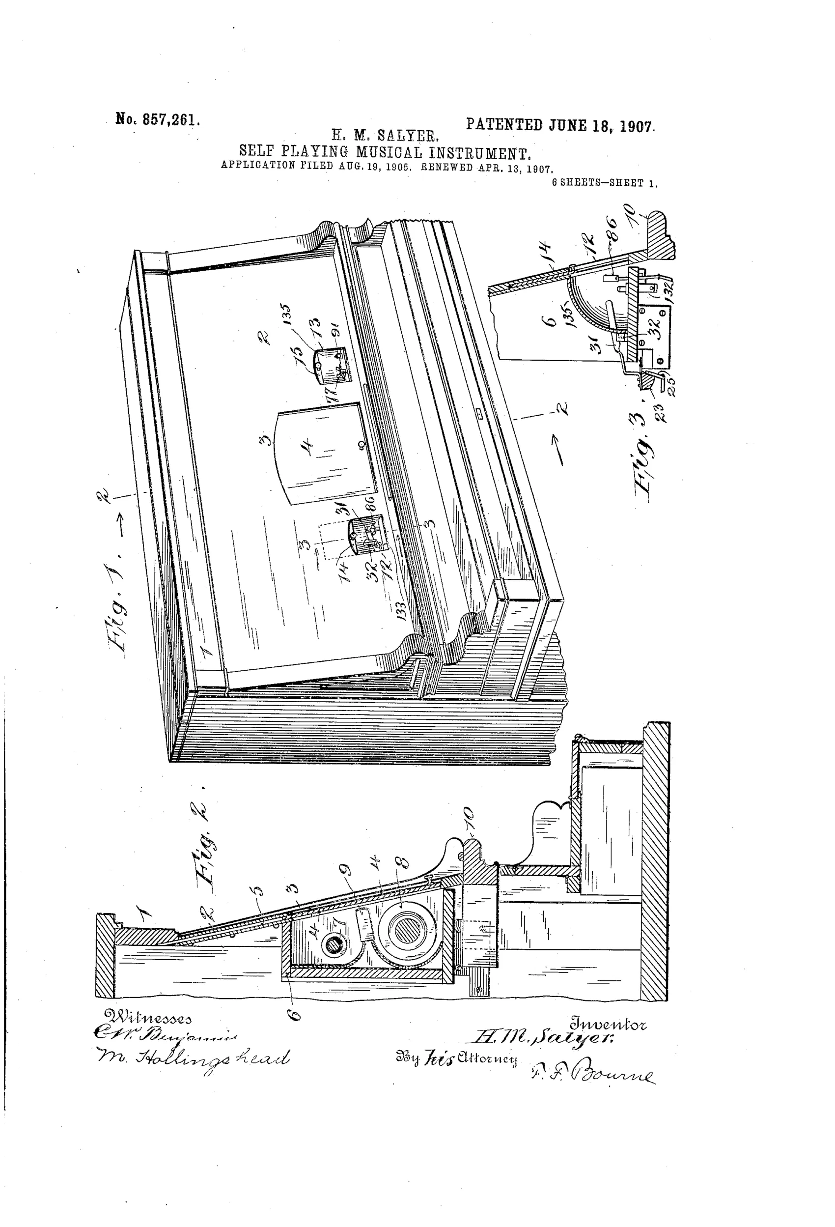 An exploded perspective drawing of the upper interior of a player piano, showing the sliding door and roll receptacle above the keyboard, rows of numbered pneumatic bellows and wippen-engaging arms, and a side detail of the governor and valve assembly for the paper-roll drive motor.