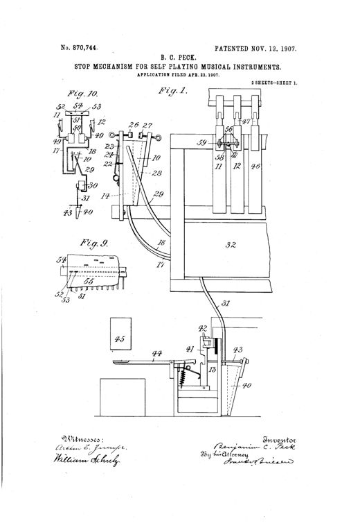 Patent drawing showing a front elevation of a player-piano stop mechanism with labeled bellows, ducts, valves, and switch components mounted on a wooden frame, alongside detail figures of the auxiliary bellows and duct-bridge.