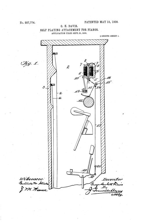 Patent drawing of a piano's upper casing showing a self-playing mechanism with paired electromagnets, a rocking armature, a shoe pressing against a spinning roller, and a tape running down to the piano's hammer action and keys.
