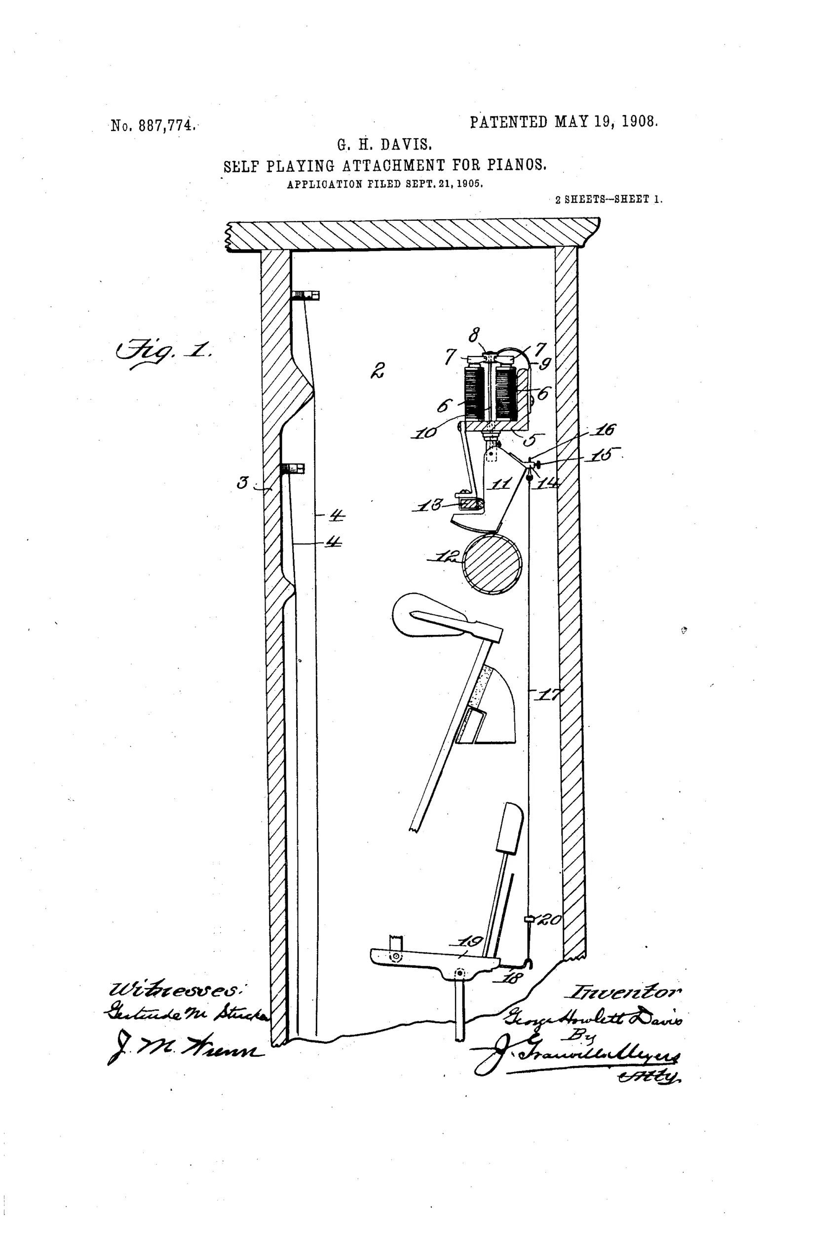 Patent drawing of a piano's upper casing showing a self-playing mechanism with paired electromagnets, a rocking armature, a shoe pressing against a spinning roller, and a tape running down to the piano's hammer action and keys.