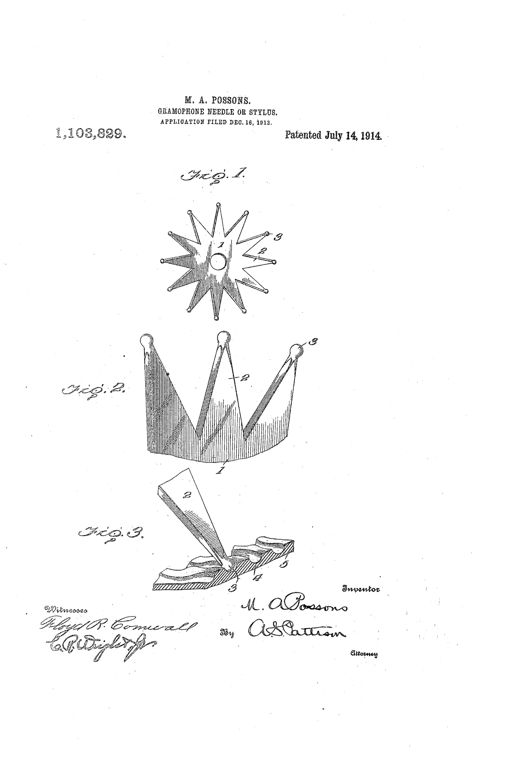 A patent drawing showing a twelve-pointed star-shaped gramophone needle with a central hole, an enlarged view of three of its tapering points ending in rounded elliptical tips, and a cross-section of one point seated in a record's sound groove.