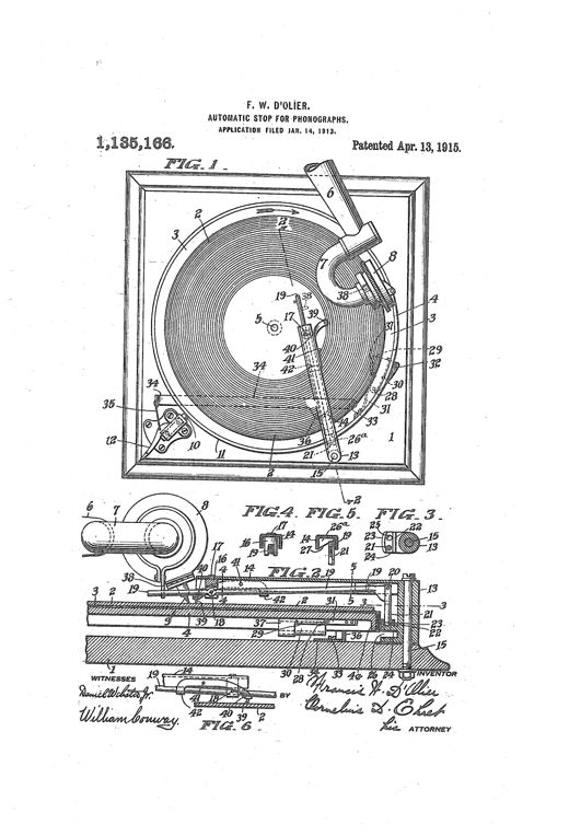 Patent drawing of a disc phonograph top plan view showing the tone arm, horn, sound box with stylus riding on a spiral-grooved record, and an automatic stop mechanism with a pivoted arm, rod, and brake linkage mounted near the platen edge, with additional detail views of the brake components below.