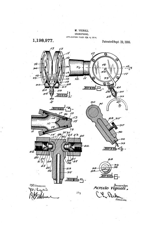 Patent drawing of a gramophone sound box showing two angled diaphragm rings connected by pivoting arms to a needle-carrying lever, with detail views of the pivot studs, elastic pads, and needle clamp.