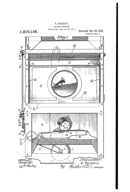 Front elevation of a tall cabinet-style talking machine housing an advertising sign window above a phonograph mechanism with gears, feed screw, and cylinder record visible below.