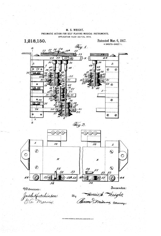 Technical patent drawings of a player-piano pneumatic action showing stacked metal headers, valve casings with numbered valve disks and rods, a vacuum chamber casing, and a hinged motor pneumatic with a striker bar bracket, along with detail views of individual valve components and wedge blocks.
