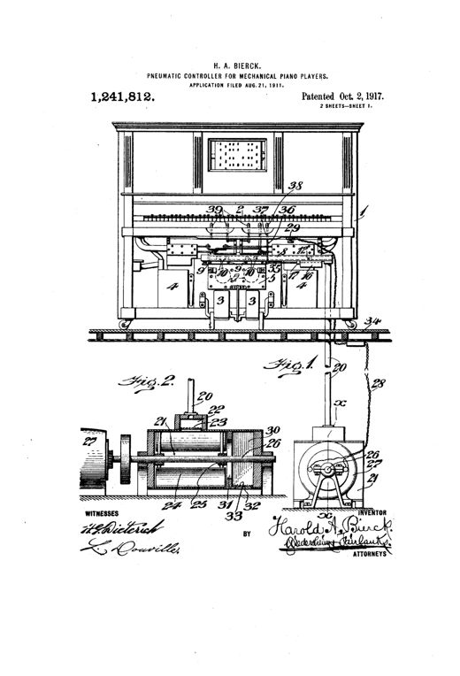 Patent drawing of an upright player piano cabinet with exposed pneumatic mechanism including foot treadles, air reservoirs, valve conduits, and a motor-driven blower assembly connected beneath the floor.