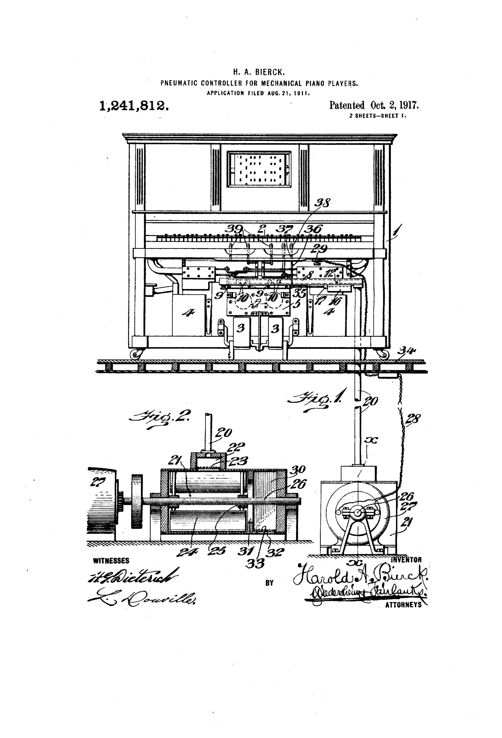Patent drawing of an upright player piano cabinet with exposed pneumatic mechanism including foot treadles, air reservoirs, valve conduits, and a motor-driven blower assembly connected beneath the floor.