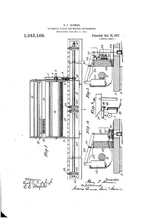 Patent drawing of an electromagnetic player-piano mechanism showing a rotating shaft, rows of magnets on pivoted walking beams, a tracker bar with a bristle brush contacting a perforated paper music roll, and thrust rods connecting to the piano keys.