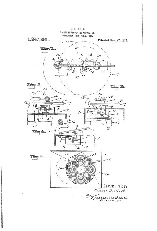 Patent drawing showing a phonograph mechanism with a screw-driven shaft, pinion, and toothed rack that rotates and bodily moves a turntable holding a spiral-grooved record disk beneath a fixed reproducer arm and stylus, illustrated across five figures including plan views, side cross-sections, and a top-down view of the record and tone arm assembly.