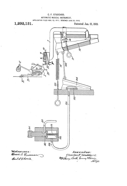 A technical line drawing of a player-piano mechanism showing a hammer-and-key action linked by rods and springs to a horn-shaped pneumatic bellows, a coil spring, a secondary tilted pneumatic labeled 24, and a small valve cylinder with a manual button labeled 34 at the bottom, all connected by numbered ducts and levers.